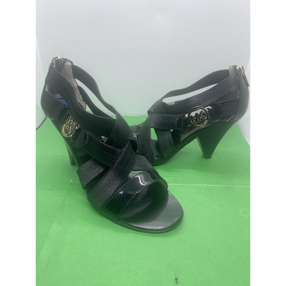Michael Kors Strappy Black Patent Leather Logo Heels 6.5M Open Toe Sandals